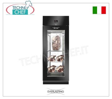 MEAT MATURATION CABINET, Black 1 GLASS Door, Max load 150 Kg, mod. STG MEAT700 BLACK PANORAMA Everlasting - Meat Maturation-Maturation Cabinet in BLACK PLASTIC-COATED Steel, 1 GLASS DOOR, Panoramic Version with Glass on the Back, Gas R 452a, Temp. +0°/+10° C, Capacity 150 Kg, Dim. mm 750x850x2080h