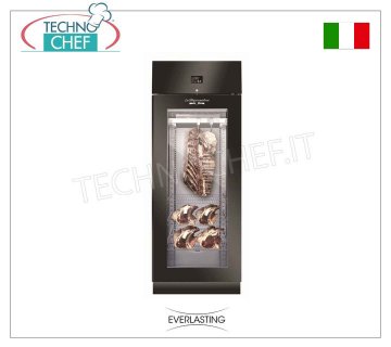 MEAT MATURATION CABINET, Black, 1 GLASS Door, max load 150 Kg, mod. STG MEAT 700 BLACK Everlasting - Meat Maturation-Maturation Cabinet in BLACK PLASTIC-COATED Steel, 1 DOOR with GLASS, Gas R 452a, Temp +0°/+10° C, Capacity 150 Kg, Dim. mm 750x850x2080h