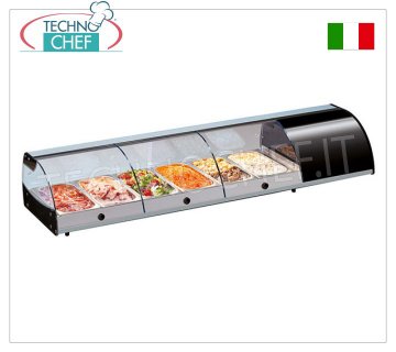Technochef - REFRIGERATED COUNTER DISPLAY CABINET, capacity from 4 to 10 GN 1/3 containers Refrigerated counter display case with curved glass, capacity 4 Gastro-Norm 1/3 containers, temperature +3°/+5°C, V.230/1, Kw. 0.262, weight 30 kg, dim.mm.1085x380x255h