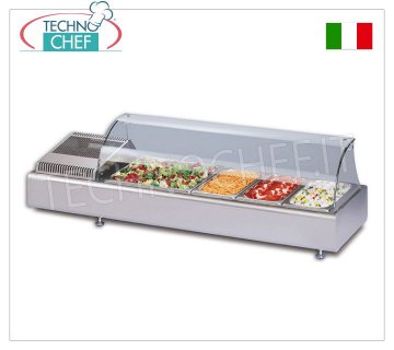Technochef - REFRIGERATED COUNTER DISPLAY CABINET with CURVED GLASS, temp.+2°/+10°C Refrigerated counter display case with curved glass, container capacity: all GN formats - H max 100 mm, temperature +2°/+10°C, static refrigeration, V.230/1, Kw.0.13, Weight 40 Kg , dim.mm.1023x380x361h