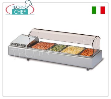 Technochef - REFRIGERATED COUNTER DISPLAY CABINET with SELF-SERVICE CURVED GLASS, Temp.+2°/+10°C Refrigerated countertop display case with self-service curved glass, container capacity: all GN formats - H max 100 mm, temperature +2°/+10°C, static refrigeration, V.230/1, Kw.0.13, Weight 40 Kg, dim.mm.1023x380x370h