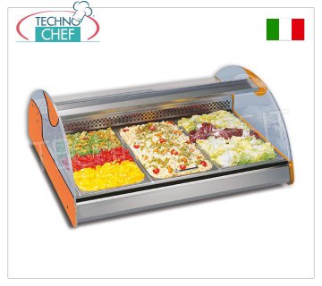 Technochef - REFRIGERATED COUNTER DISPLAY CABINET with CURVED GLASS, Temp.+3°+5°C, Static Refrigerated counter display case with curved glass, capacity 2 GN 1/1 containers, temperature +3°/+5°C, static refrigeration, internal lighting, V.230/1, Kw.0.31, Weight 47 Kg, dim .mm.720x900x430h