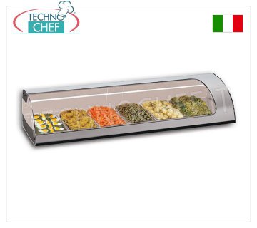 Technochef - HEATED COUNTER DISPLAY CABINET with CURVED GLASS, Temp.+30°/+60°C Hot countertop display case for 4 1/3 Gastronorm containers, bain-marie heating, temperature +30°/+60°C, V.230/1, Kw.0.6, Weight 14 Kg, dim.mm.820x380x255h