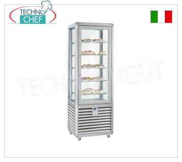 Refrigerated Pastry Display Cabinet 1 Door, 4 display sides, 5 rectangular shelves, CURVE Line Refrigerated pastry display case with 1 door, CURVE line, with 4 display sides, 5 rectangular glass shelves, capacity 360 litres, operating temperature +4°/+10°C, ventilated refrigeration, V.230/1, Kw. 0.54, weight 155 kg, dim.mm.620x620x1860h