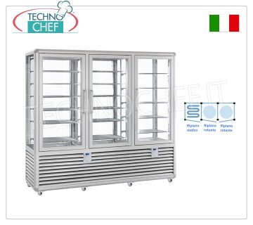 TECHNOCHEF - Combined display case for ice cream/pastry shop, temp. -15°-25°C/+4°+10°C, Mod.CPG1300S/R/R Combined display case for ice cream/pastry shop, 3 doors, temp. -15°-25°C/+4°+10°C, Curve Line, 4 display sides, 6 static shelves + 12 rotating shelves, ventilated/static refrigeration, capacity liters. 1388, V.230/1, Kw.0.7+0.54+0.54, dim.mm.2050x620x1860h