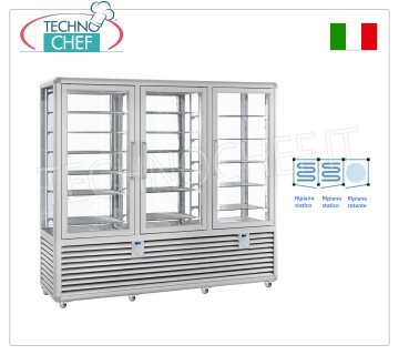 TECHNOCHEF - Combined display case for ice cream/pastry shop, temp. -15°-25°C/+4°+10°C, Mod.CPG1300S/S/R Combined display case for ice cream/pastry shop, 3 doors, temp. -15°-25°C/+4°+10°C, Curve Line, 4 display sides, 12 static shelves + 6 rotating shelves, ventilated/static refrigeration, capacity liters. 1388, V.230/1, Kw.0.7+0.7+0.54, dim.mm.2050x620x1860h