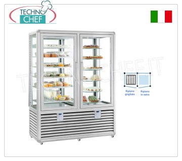 TECHNOCHEF - Combined display case for ice cream and pastry, temp.-15°-25°C/+4°+10°C, Mod.CPG900G2T/V Combined display case for ice cream/pastry shop 2 doors, temp. -15°-25°C/+4°+10°C, Curve Line, with 4 display sides, 5 grilled shelves + 5 glass shelves, ventilated/static refrigeration, capacity lt.848, V.230/1, Kw.0.70+0.54, dim.mm.1380x620x1860h