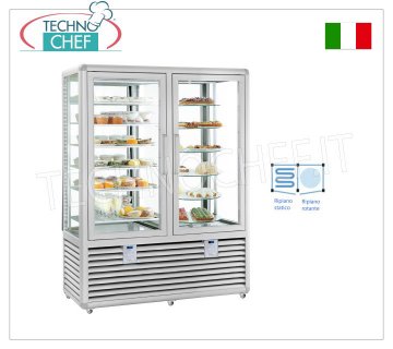 TECHNOCHEF - Combined display case for ice cream and pastry, temp. -15°-25°C/+4°+10°C, Mod.CPG900S/R Combined display case for ice cream/pastry shop, 2 doors, temp. -15°-25°C/+4°+10°C, Curve Line, 4 display sides, 6 rectangular shelves + 6 rotating shelves, ventilated/static refrigeration, capacity liters. 848, V.230/1, Kw.0.70+0.54, dim.mm.1380x620x1860h