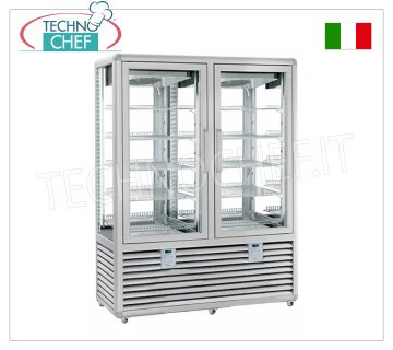 TECHNOCHEF - Refrigerated Pastry Display Case, Temp.+5°-20°C, 2 Doors, lt.1082, Mod.CGL1200G2T/G2T Multi-temperature display case from +5° to -20°C for 2-door pastry shops, ventilated refrigeration, Curve Line, with 4 display sides, 10 rectangular shelves measuring 747x445 mm, capacity 1082 liters, V.230/1, Kw.0.85+ 0.85, weight 382 kg, dim.mm.1750x620x1860h