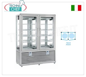 Refrigerated Pastry Display Case, Temp.+5°-20°C, 2 Doors, 848 lt, Mod.CGL900R2T/R2T Multi-temperature display case from +5° to -20°C for pastry shops, 2 doors, ventilated refrigeration, Curve Line, with 4 display sides, 10 rotating glass shelves, capacity 848 liters, V.230/1, Kw.0.75+0 ,75, Weight 329 Kg, dim.mm.1380x620x1860h