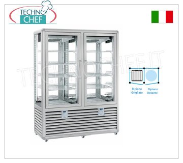 Refrigerated Pastry Display Case, Temp.+5°-20°C, 2 Doors, 848 lt, Mod.CGL900G2T/RG2T Multi-temperature display case from +5° to -20°C for 2-door pastry shops, ventilated refrigeration, Curve Line, with 4 display sides, 5 grilled shelves + 5 rotating shelves, capacity 848 liters, V.230/1, Kw.0.75 +0.75, weight 329 kg, dim.mm.1380x620x1860h