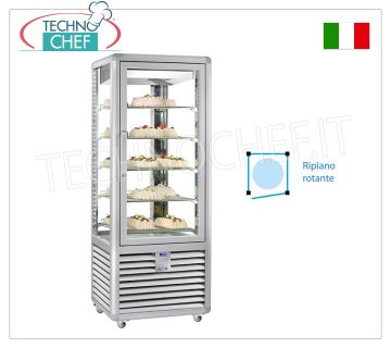 TECHNOCHEF - Refrigerated Pastry Display Case, Temp.+5°-20°C, 1 Door, 427 lt., Mod.CGL450R2T Multi-temperature display case from +5° to -20°C for pastry shops, 1 door, ventilated refrigeration, Curve Line, with 4 display sides, 5 rotating glass shelves Ø 452, capacity 427 liters, V.230/1, Kw.0.54 , Weight 186 Kg, dim.mm.720x620x1860h