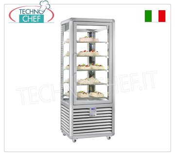 TECHNOCHEF - Refrigerated Pastry Display Case, Temp.+5°-20°C, 1 Door, 427 lt, Mod.CGL450G2T Multi-temperature display case from +5° to -20°C for pastry shops, 1 door, ventilated refrigeration, Curve Line, with 4 display sides, 5 rectangular shelves measuring 565x445 mm, capacity 427 liters, V.230/1, Kw.0.75, Weight 186 Kg, dim.mm.720x620x1860h