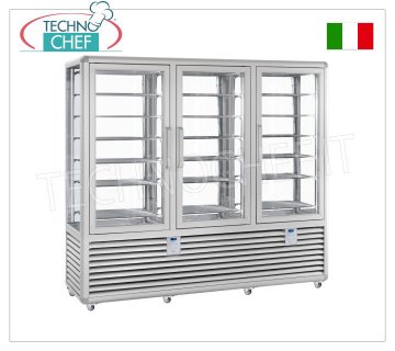 TECHNOCHEF - Vetrina Freezer for Gelateria 3 Sizes, Temp.-15°-25°C, lt.1388, Mod.CGL1300S/S/S Freezer-Freezer display case for ice cream shop with 3 doors, temperature -15°/-25°C, static refrigeration, Curve Line, with 4 display sides, 18 rectangular shelves measuring 560x460 mm, capacity 1388 litres, V.230/1, Kw. 0.7+0.7+0.7, weight 424 kg, dim.mm.2050x620x1860h