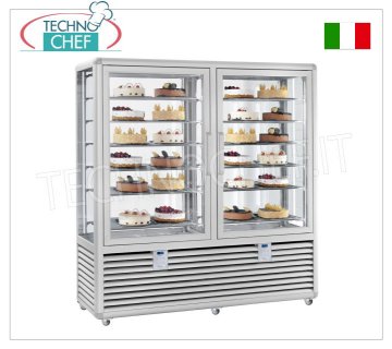 TECHNOCHEF - Vetrina Freezer for Gelateria 2 Sizes, Temp.-15°-25°C, lt.1082, Mod.CGL1200S/S Freezer-Freezer display case for ice cream shop with 2 doors, temperature -15°/-25°C, static refrigeration, Curve Line, with 4 display sides, 12 rectangular shelves measuring 734x460 mm, capacity 1082 litres, V.230/1, Kw. 0.7+0.7, weight 348 kg, dim.mm.1750x620x1860h