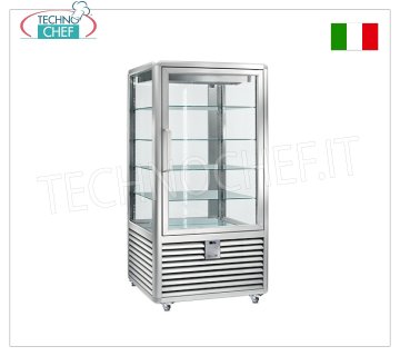 Refrigerated Pastry Display Cabinet 1 Door, 4 display sides, 4 rectangular shelves, CURVE Line Refrigerated pastry display case with 1 door, CURVE line, with 4 display sides, 4 rectangular glass shelves, capacity 832 litres, operating temperature +4°/+10°C, ventilated refrigeration, V.230/1, Kw. 0.54, weight 260 kg, dim.mm.900x900x1860h