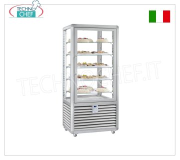 Refrigerated Pastry Display Cabinet 1 Door, 4 display sides, 5 rectangular shelves, CURVE Line Refrigerated pastry display case with 1 door, CURVE line, with 4 display sides, 5 rectangular glass shelves, capacity 541 litres, operating temperature +4°/+10°C, ventilated refrigeration, V.230/1, Kw. 0.54, weight 176 kg, dim.mm.900x620x1860h