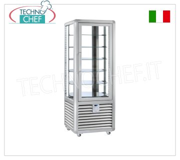 Refrigerated Pastry Display Cabinet 1 Door, 4 display sides, 6 rotating shelves, CURVE Line Refrigerated pastry display case with 1 door, CURVE line, with 4 display sides, 6 rotating glass shelves, capacity 427 litres, operating temperature +4°/+10°C, ventilated refrigeration, V.230/1, Kw. 0.54, weight 170 kg, dim.mm.720x620x1860h