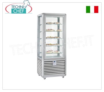 Refrigerated Pastry Display Cabinet 1 Door, 4 display sides, 5 rectangular shelves, CURVE Line Refrigerated pastry display case with 1 door, CURVE line, with 4 display sides, 5 rectangular glass shelves, capacity 427 litres, operating temperature +4°/+10°C, ventilated refrigeration, V.230/1, Kw. 0.54, weight 170 kg, dim.mm.720x620x1860h