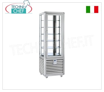 Refrigerated Pastry Display Cabinet 1 Door, 4 display sides, 6 rotating shelves, CURVE Line Refrigerated pastry display case with 1 door, CURVE line, with 4 display sides, 6 rotating glass shelves, capacity 360 litres, operating temperature +4°/+10°C, ventilated refrigeration, V.230/1, Kw. 0.54, weight 155 kg, dim.mm.620x620x1860h