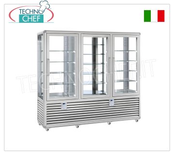 Refrigerated Pastry Display Case 3 Doors, 4 display sides, 10 rectangular shelves + 6 rotating shelves Refrigerated pastry display case with 3 doors, CURVE line, 4 display sides, 10 rectangular shelves + 6 rotating shelves, capacity 1388 litres, temperature +4°/+10°C, ventilated refrigeration, V.230/1, Kw.0, 54+0.54+0.54, weight 370 kg, dim.mm.2050x620x1860h
