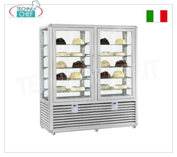 Refrigerated Pastry Display Case 2 Doors, 4 display sides, 10 rectangular shelves, Curve Line Refrigerated pastry display case with 2 doors, CURVE line, with 4 display sides, 10 rectangular glass shelves, capacity 1,082 litres, temperature +4°/+10°C, ventilated refrigeration, V.230/1, Kw.0.54 +0.54, weight 318 kg, dim.mm.1750x620x1860h