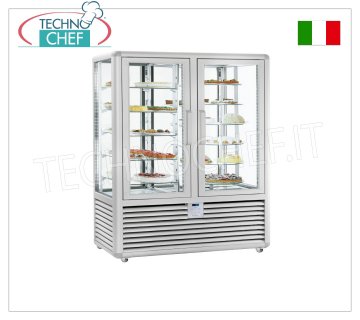 Refrigerated Pastry Display Case 2 Doors, 4 display sides, 5 rectangular shelves + 6 rotating shelves Refrigerated pastry display case with 2 doors, CURVE line, with 4 display sides, 5 rectangular shelves + 6 rotating shelves, capacity 848 litres, temperature +4°/+10°C, ventilated refrigeration, V.230/1, Kw.0 ,54+0.54, Weight 301 Kg, dim.mm.1380x620x1860h