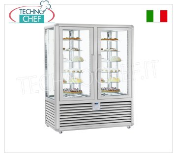 Refrigerated Pastry Display Cabinet 2 Doors, 4 display sides, 12 rotating shelves, Curve Line Refrigerated pastry display case with 2 doors, CURVE line, with 4 display sides, 12 rotating glass shelves, capacity 848 litres, operating temperature +4°/+10°C, ventilated refrigeration, V.230/1, Kw. 0.54+0.54, weight 301 kg, dim.mm.1380x620x1860h