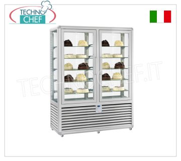 Refrigerated Pastry Display Case 2 Doors, 4 display sides, 10 rectangular shelves, Curve Line Refrigerated pastry display case with 2 doors, CURVE line, with 4 display sides, 10 rectangular glass shelves, capacity 848 litres, operating temperature +4°/+10°C, ventilated refrigeration, V.230/1, Kw. 0.54+0.54, weight 301 kg, dim.mm.1380x620x1860h