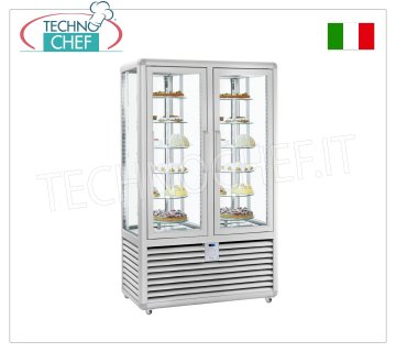Refrigerated Pastry Display Case 2 Doors, 4 display sides, 12 rotating shelves, CURVE Line Refrigerated pastry display case with 2 doors, CURVE line, with 4 display sides, 12 rotating glass shelves, capacity 742 litres, temperature +4°/+10°C, ventilated refrigeration, V.230/1, Kw.0.54 +0.54, weight 294 kg, dim.mm.1180x620x1860h