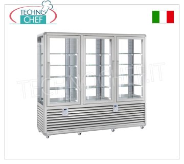 Refrigerated Pastry Display Case 3 Doors, 4 display sides, 15 rectangular shelves, CURVE Line Refrigerated pastry display case with 3 doors, CURVE line, with 4 display sides, 15 rectangular glass shelves, capacity 1388 litres, temperature +4°/+10°C, ventilated refrigeration, V.230/1, Kw.0.54 +0.54+0.54, weight 370 kg, dim.mm.2050x620x1860h