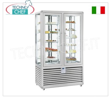 Refrigerated Pastry Display Case 2 Doors, 4 display sides, 5 rectangular shelves + 6 rotating shelves Refrigerated pastry display case with 2 doors, CURVE line, with 4 display sides, 5 rectangular shelves + 6 rotating shelves, capacity 742 litres, temperature +4°/+10°C, ventilated refrigeration, V.230/1, Kw.0 ,54+0.54, Weight 294 Kg, dim.mm.1180x620x1860h
