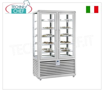 Refrigerated pastry display case with 2 doors, 4 display sides, 10 rectangular shelves, CURVE line Refrigerated pastry display case with 2 doors, CURVE line, with 4 display sides, 10 rectangular glass shelves, capacity 742 litres, operating temperature +4°/+10°C, ventilated refrigeration, V.230/1, Kw. 0.54+0.54, weight 294 kg, dim.mm.1180x620x1860h
