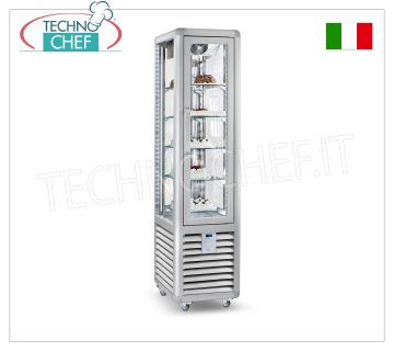 Refrigerated Pastry Display Cabinet 1 Door, 4 display sides, 5 rectangular shelves, CURVE Line Refrigerated pastry display case with 1 door, CURVE line, with 4 display sides, 5 rectangular glass shelves, capacity 230 litres, operating temperature +4°/+10°C, ventilated refrigeration, V.230/1, Kw. 0.54, weight 125 kg, dim.mm.450x620x1860h