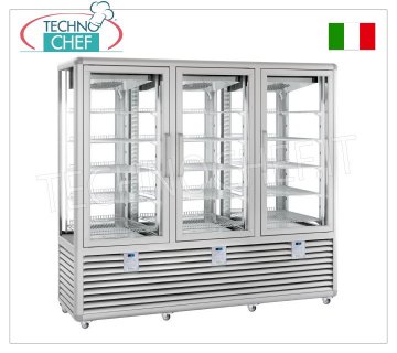 TECHNOCHEF - Refrigerated Pastry Display Case, Temp.+5°-20°C, 2 Doors, lt.1388, Mod.CGL1300G/G/G2T Multi-temperature display case from +5° to -20°C for 3-door pastry shops, ventilated refrigeration, Curve Line, with 4 display sides, 15 rectangular shelves measuring 565x445 mm, capacity 1388 litres, V.230/1, Kw.0.75 +0.75+0.75, weight 478 kg, dim.mm.2050x620x1860h