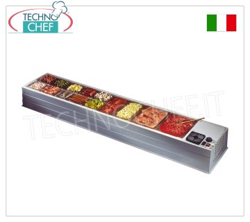 Countertop refrigerated ABS display case, 2080x410 mm Horizontal countertop refrigerated display case in ABS/white plastic, without protection, temp. operating temperature +2/+10°C, trays excluded, V.230/1, Kw.0.13, Weight 40 Kg, dim.mm.2080x410x220h