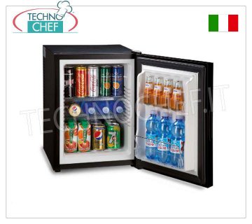 Minibar fridge for hotels, THERMOELECTRIC, built-in or free-standing, 65 W, - 40 lt, class A+, mod. TP40N Minibar fridge for hotel rooms, THERMOELECTRIC, class A+, capacity 40 lt, temperature +8°/+14°C, V.230/1, Kw.0,065, Weight 18 Kg, dim.cm.40.5x44.3x54.5h