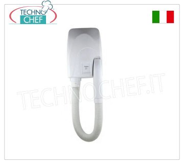 Technochef - WALL HAIR DRYER with EXTENSIBLE HOSE and RAZOR PLUG - 950W Wall-mounted hairdryer with extendable hose and razor socket, white ABS body, 3 speed settings, V.230/1, Watt.950, dimensions 180x115x570h mm