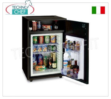 Technochef - Minibar fridge for hotel rooms with cabinet and storage compartment, 40 lt. Minibar fridge for hotel rooms inserted in cabinet with storage compartment, capacity 40 lt, temperature +8°/+14°C, V.230/1, Kw.0,06-0,075, Weight 34 Kg, dim.mm.770x475x455h
