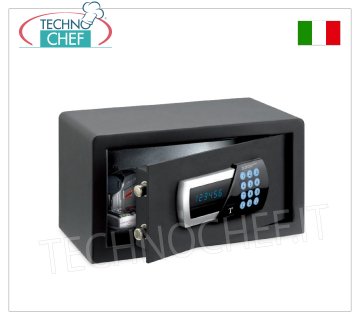 Safes for hotel rooms Furniture safe, with motorized digital electric lock, signaling of all functions via blue LED display, capacity 10 litres, weight 9 Kg, dim.mm.200x350x200h