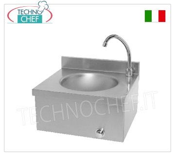 Stainless steel hand basin with knee control, wall-mountable Stainless steel hand basin with splashback, wall-mountable, with 260 mm diameter bowl, knee-controlled dispenser with timer, weight 5.5 Kg, dim.mm.400x350X260h