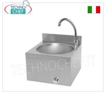 Stainless steel hand basin with knee control, wall-mountable Wall-mounted stainless steel hand basin with splashback, 260 mm diameter bowl, knee-controlled dispenser with timer, weight 4.9 Kg, dim.mm.310X300X260h