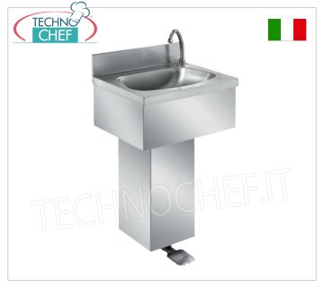 Stainless steel hand basin with column and pedal control, wall-mountable Wall-mounted stainless steel hand basin with splashback, semi-circular basin complete with pedal control with dispenser and column guard, dimensions, mm. 500x400x800h