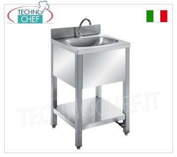 Stainless steel hand basin on legs with lower shelf and splashback, complete with pedal control Stainless steel hand basin on legs with lower shelf and splashback, semi-circular basin, complete with pedal control with dispenser, dimensions mm. 500x450x850h