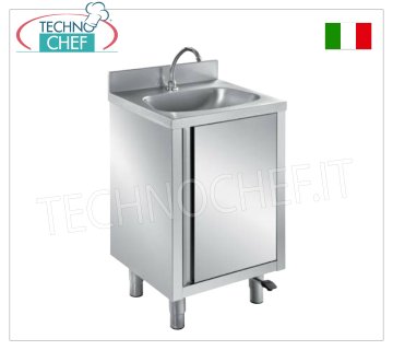 Stainless steel hand basin with hinged door and pedal control Stainless steel hand basin on cabinet with hinged door, semi-circular basin, complete with: pedal control with dispenser, dimensions mm. 500x400x850h