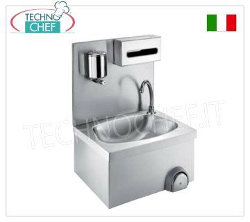 Stainless steel hand basin with backrest, wall-mountable Wall-mounted stainless steel hand basin with backrest, semi-circular basin complete with knee control and dispenser, soap dish and towel holder, dimensions, mm. 500x400x520h
