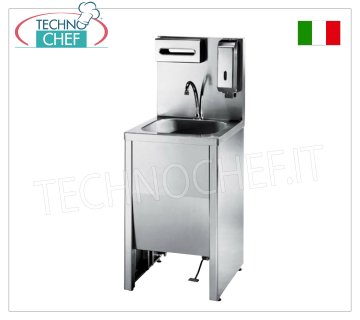 Stainless steel hand basin with high backrest and pedal control Stainless steel hand basin on cabinet with mm. tub. 400x400x250h, complete with: backrest, pedal control with mixer and dispenser, soap dish and towel holder, dimensions mm. 500x600x1270h