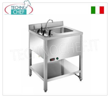 Stainless steel handwasher on legs with knife sterilizer and pedal control STAINLESS STEEL HAND WASHER with IMMERSION KNIFE STERILIZER, version on legs with lower shelf, complete with PEDAL CONTROL and DISPENSER, dimensions 700x500x850h mm