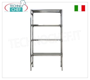 TECHNOCHEF - Stainless steel shelf, module with 4 slotted shelves, 30 cm deep, 180 cm high. Polished 304 stainless steel shelving with 4 slotted shelves, overall capacity 4x100 kg, hook mounting, 60x30x180h cm module