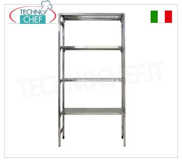 TECHNOCHEF - Stainless steel shelf, module with 4 slotted shelves, 30 cm deep, 200 cm high. Polished 304 stainless steel shelving with 4 slotted shelves, overall capacity 4x100 kg, hook mounting, 60x30x200h cm module
